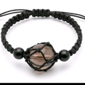 Smokey Quartz Crystal Sizable Bracelet Unisex Handcrafted Macrame Design with Black Beads for Men and Women