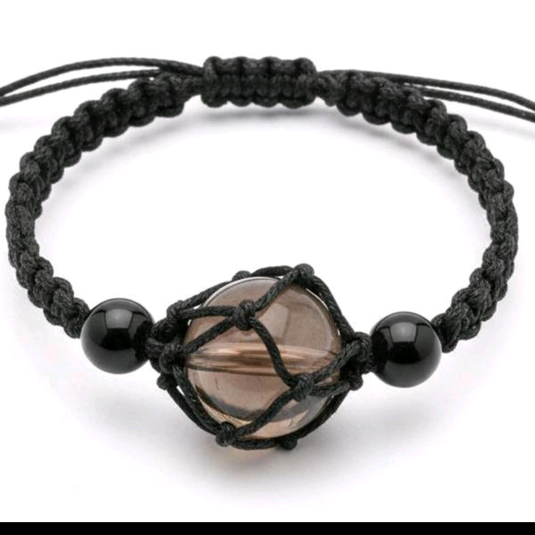Smokey Quartz Crystal Sizable Bracelet Unisex Handcrafted Macrame Design with Black Beads for Men and Women