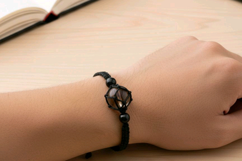 Smokey Quartz Crystal Sizable Bracelet Unisex Handcrafted Macrame Design with Black Beads for Men and Women