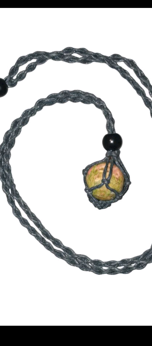 Unakite Crystal Necklace Unisex Handcrafted with Genuine Unakite Stone Earthy Green Epidote Pink Feldspar & Clear Quartz Adjustable Braided Cord
