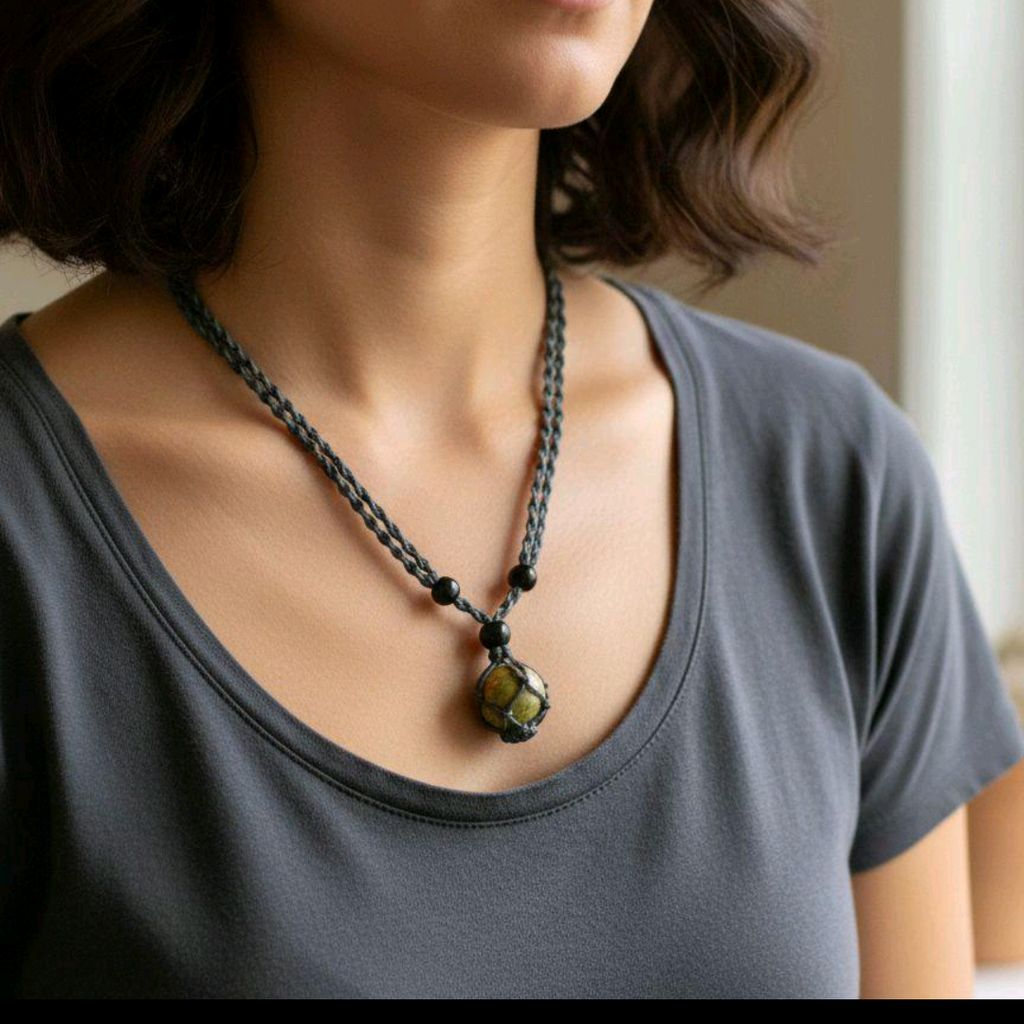 Unakite Crystal Necklace Unisex Handcrafted with Genuine Unakite Stone Earthy Green Epidote Pink Feldspar & Clear Quartz Adjustable Braided Cord
