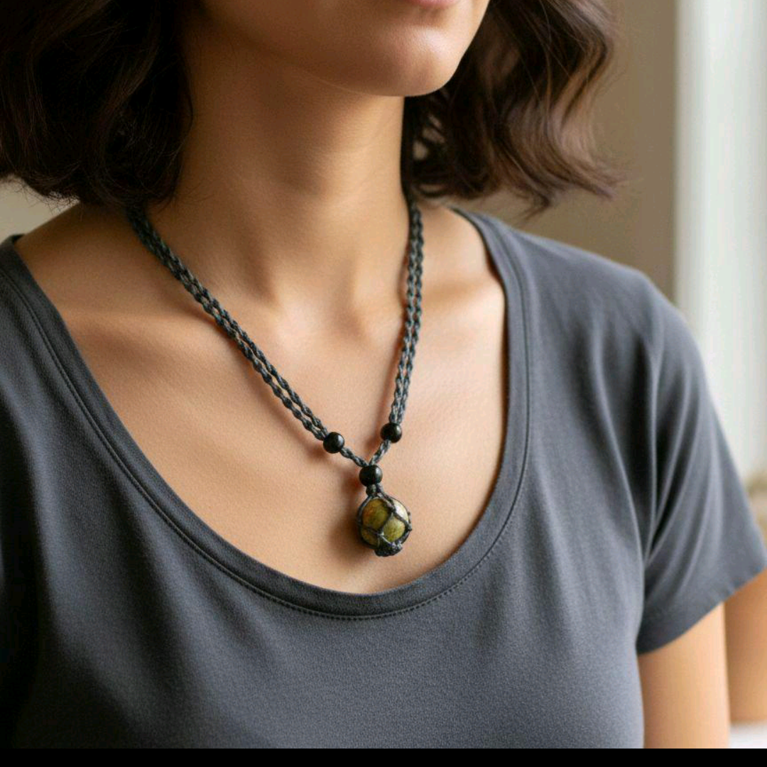 Unakite Crystal Necklace Unisex Handcrafted with Genuine Unakite Stone Earthy Green Epidote Pink Feldspar & Clear Quartz Adjustable Braided Cord