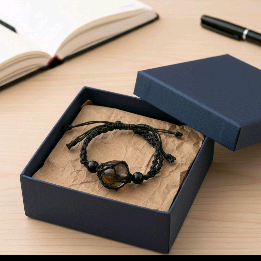 Smokey Quartz Crystal Sizable Bracelet Unisex Handcrafted Macrame Design with Black Beads for Men and Women