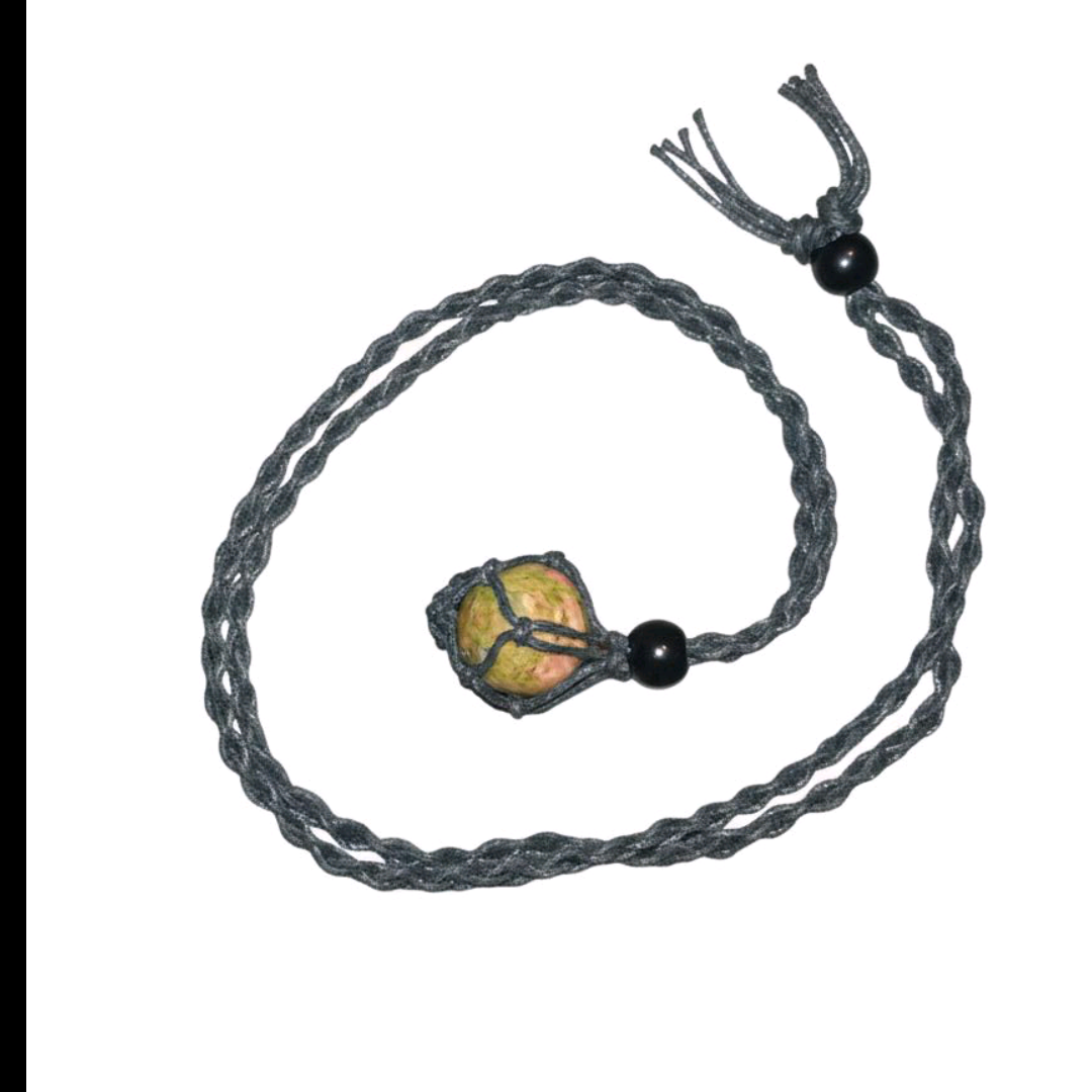 Unakite Crystal Necklace Unisex Handcrafted with Genuine Unakite Stone Earthy Green Epidote Pink Feldspar & Clear Quartz Adjustable Braided Cord